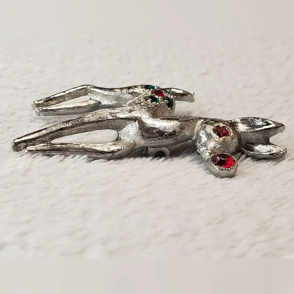 Reindeer Brooch Silver, red and green gem stones